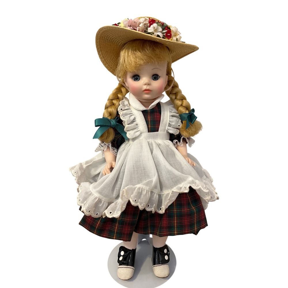 Vintage Effanbee Little Miss Muffet Doll Plaid Dress Straw Hat Blonde Braids